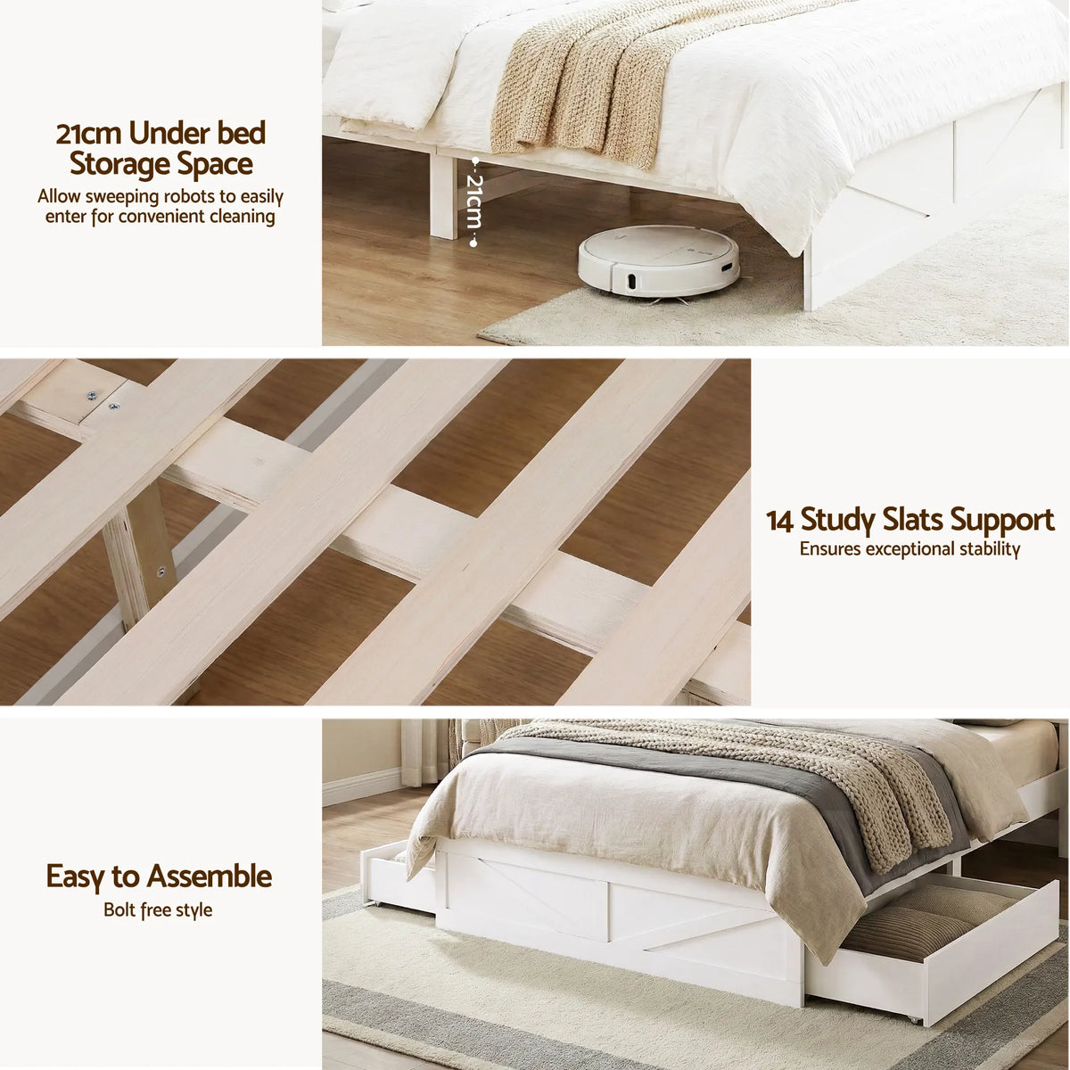 Artiss Queen Bed Frame with Storage Drawers White Platform Bedframe with Bookcase Headboard Charging Station Led Light - Image 8