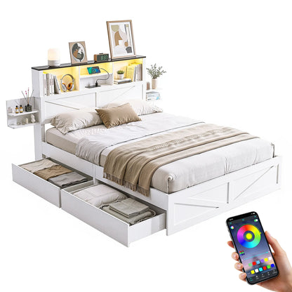 Artiss Queen Bed Frame with Storage Drawers White Platform Bedframe with Bookcase Headboard Charging Station Led Light - Image 9