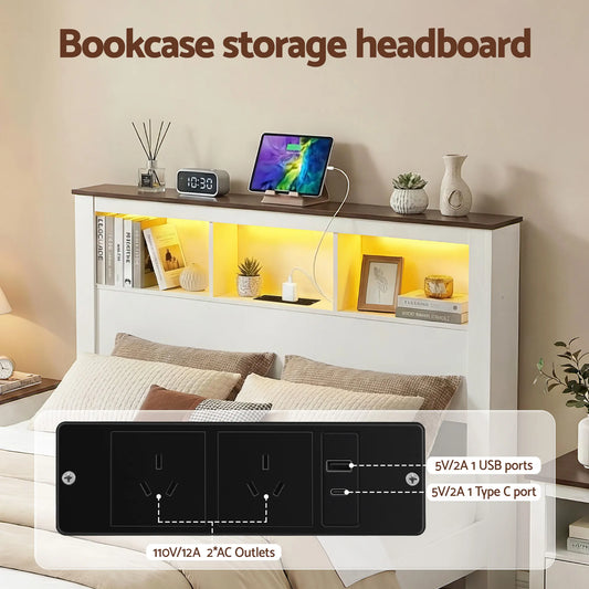 Artiss Double Bed Frame with Storage Bookcase Headboard and Footboard White Wooden Platform Bed with Charging Station and Led Light Bedroom Furniture - Image 5