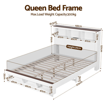 Artiss Queen Bed Frame with Storage Bookcase Headboard and Footboard White Wooden Platform Bed with Charging Station and Led Light Bedroom Furniture - Image 2