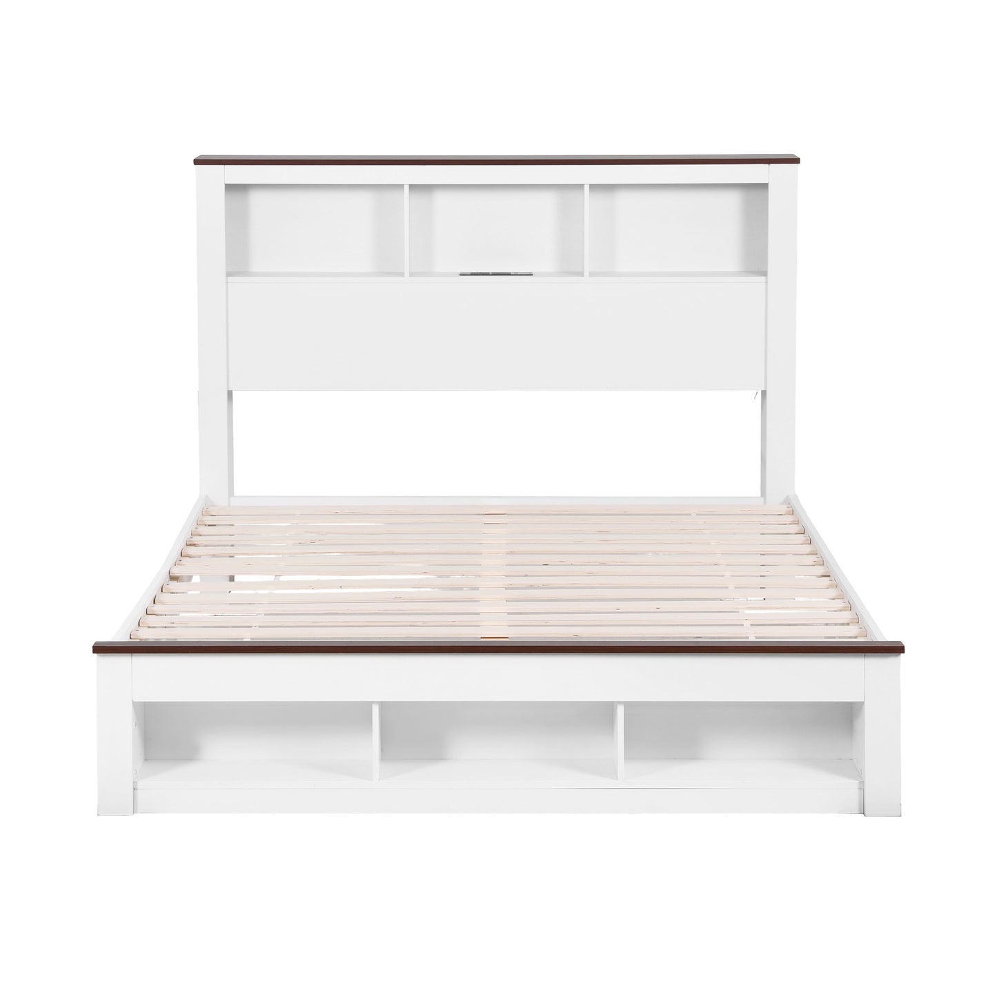 Artiss Queen Bed Frame with Storage Bookcase Headboard and Footboard White Wooden Platform Bed with Charging Station and Led Light Bedroom Furniture - Image 3