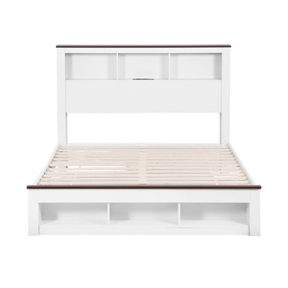 Artiss Queen Bed Frame with Storage Bookcase Headboard and Footboard White Wooden Platform Bed with Charging Station and Led Light Bedroom Furniture - Image 3