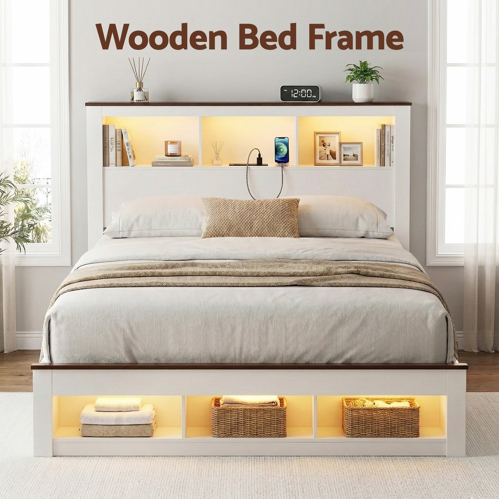 Artiss Queen Bed Frame with Storage Bookcase Headboard and Footboard White Wooden Platform Bed with Charging Station and Led Light Bedroom Furniture - Image 4
