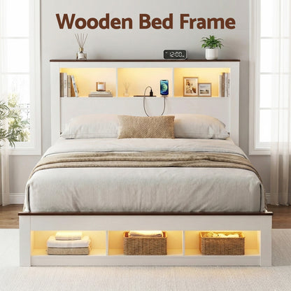 Artiss Queen Bed Frame with Storage Bookcase Headboard and Footboard White Wooden Platform Bed with Charging Station and Led Light Bedroom Furniture - Image 4