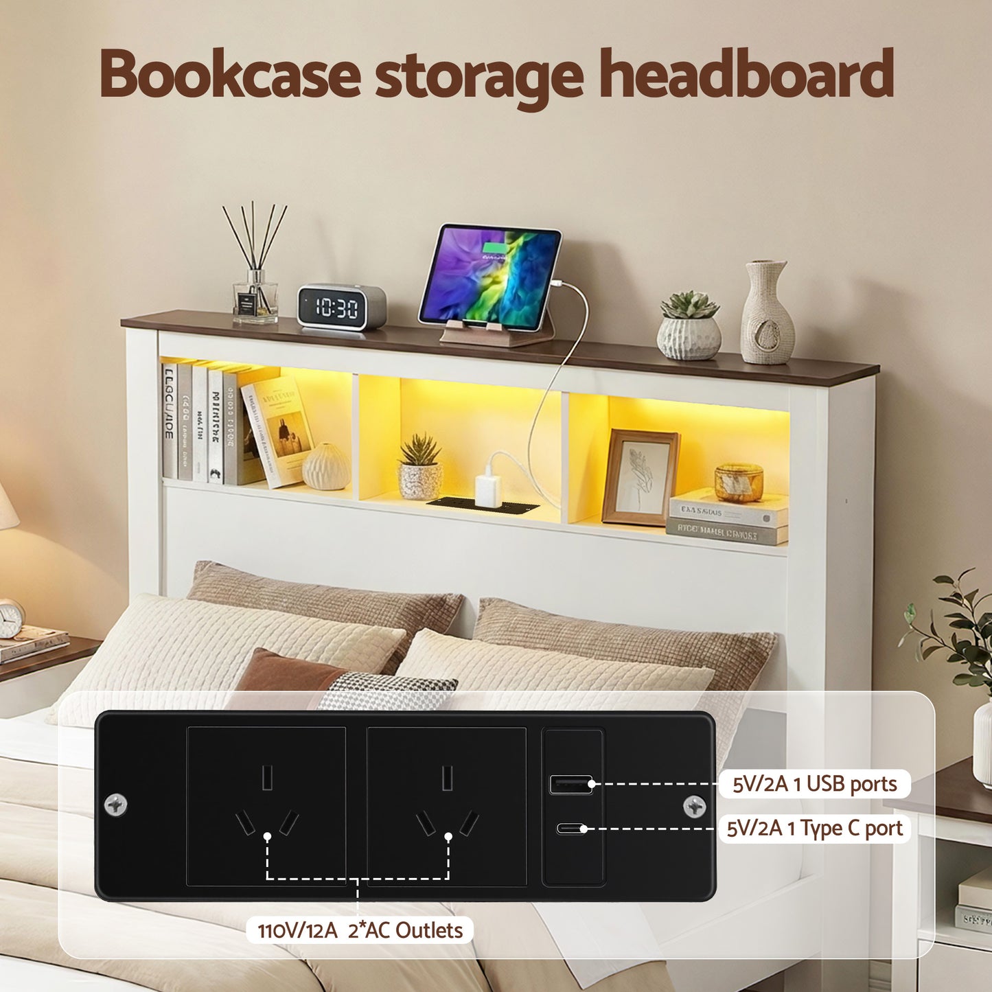 Artiss Queen Bed Frame with Storage Bookcase Headboard and Footboard White Wooden Platform Bed with Charging Station and Led Light Bedroom Furniture - Image 5