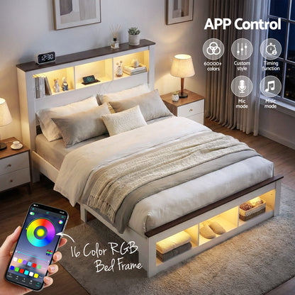 Artiss Queen Bed Frame with Storage Bookcase Headboard and Footboard White Wooden Platform Bed with Charging Station and Led Light Bedroom Furniture - Image 6
