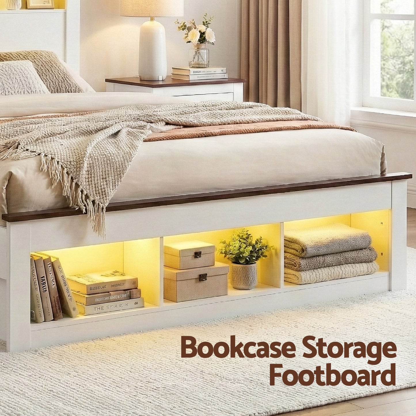 Artiss Queen Bed Frame with Storage Bookcase Headboard and Footboard White Wooden Platform Bed with Charging Station and Led Light Bedroom Furniture - Image 7