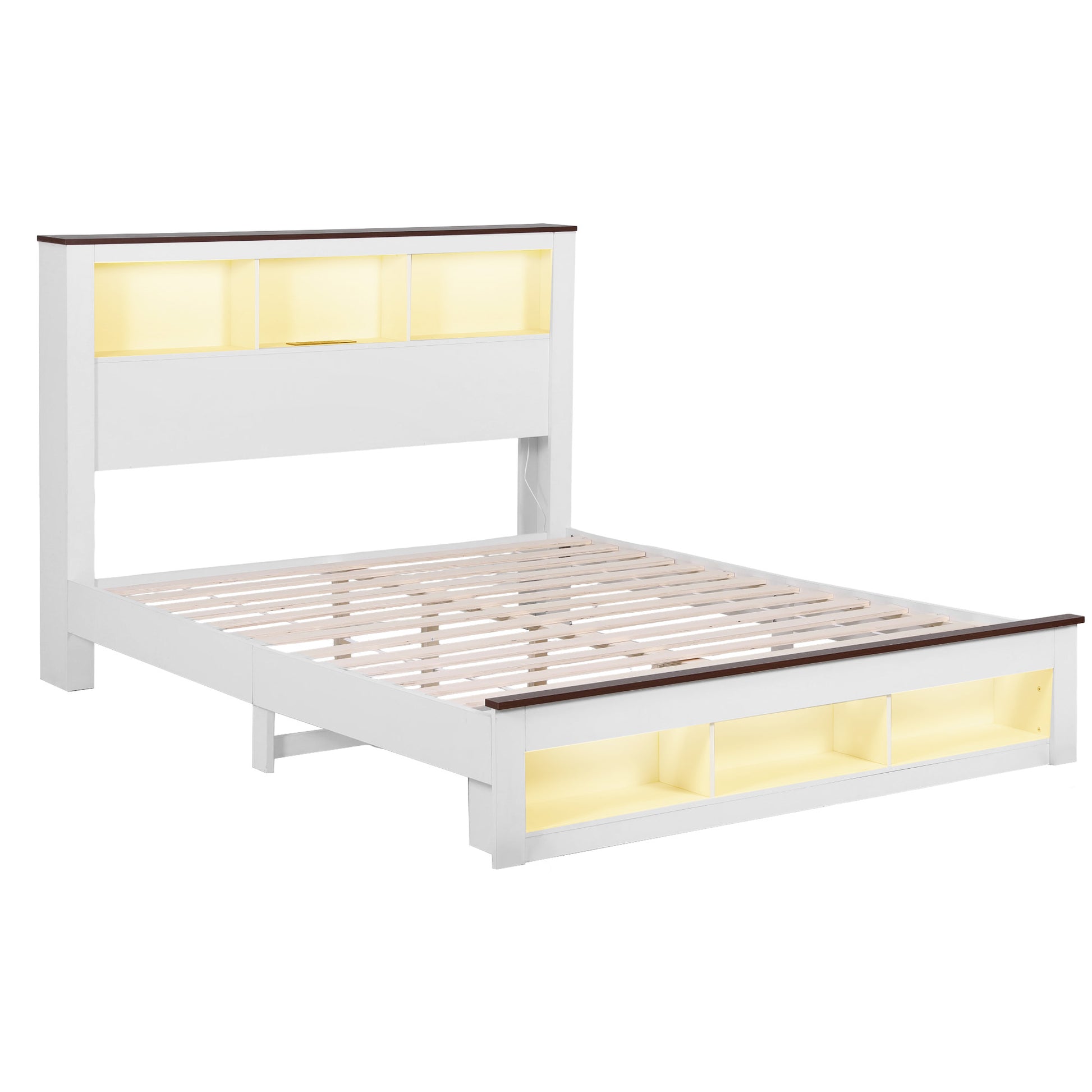Artiss Queen Bed Frame with Storage Bookcase Headboard and Footboard White Wooden Platform Bed with Charging Station and Led Light Bedroom Furniture - Image 9