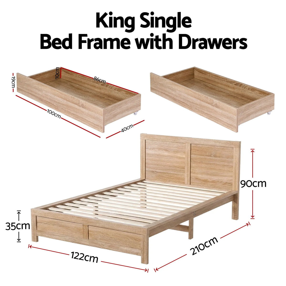 Artiss King Single Size Bed Frame with 2 Drawers Bedroom Furniture - Image 3
