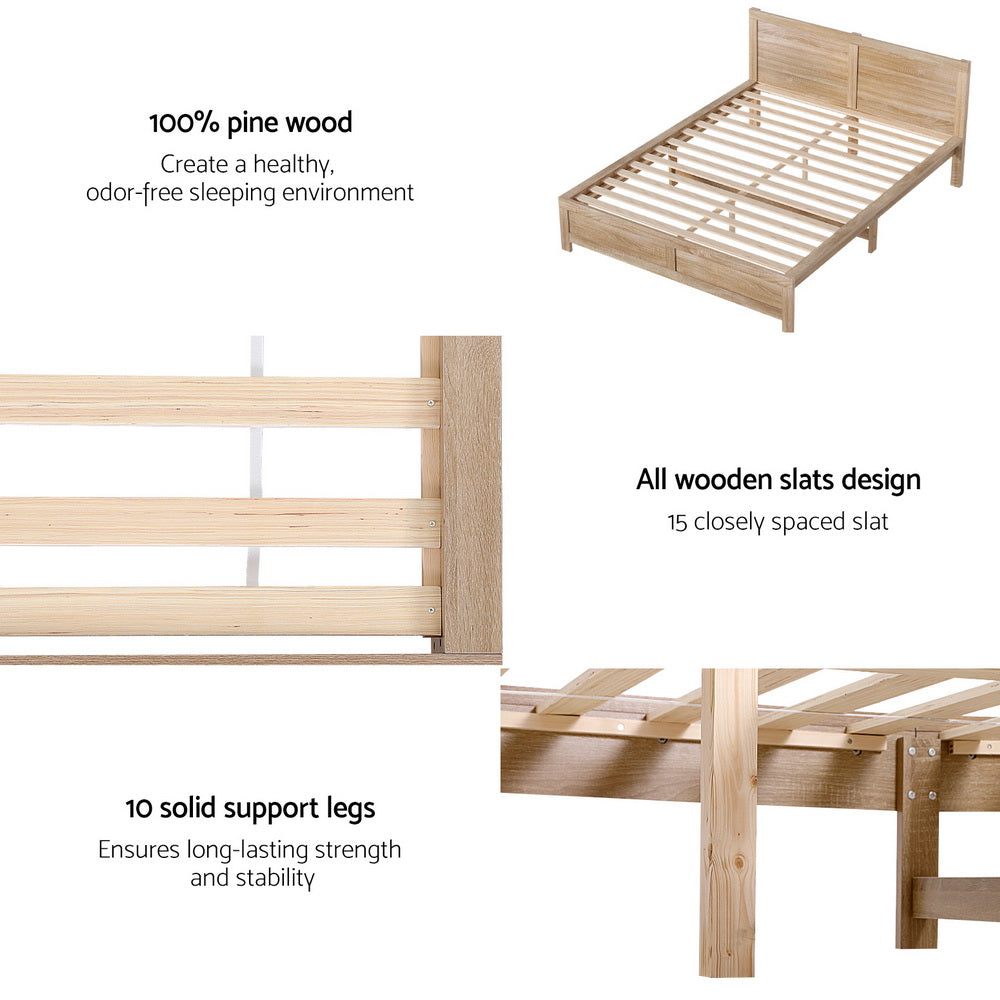 Artiss Bed Frame Queen Size Wooden Acacia Wood OATMEAL - Image 6