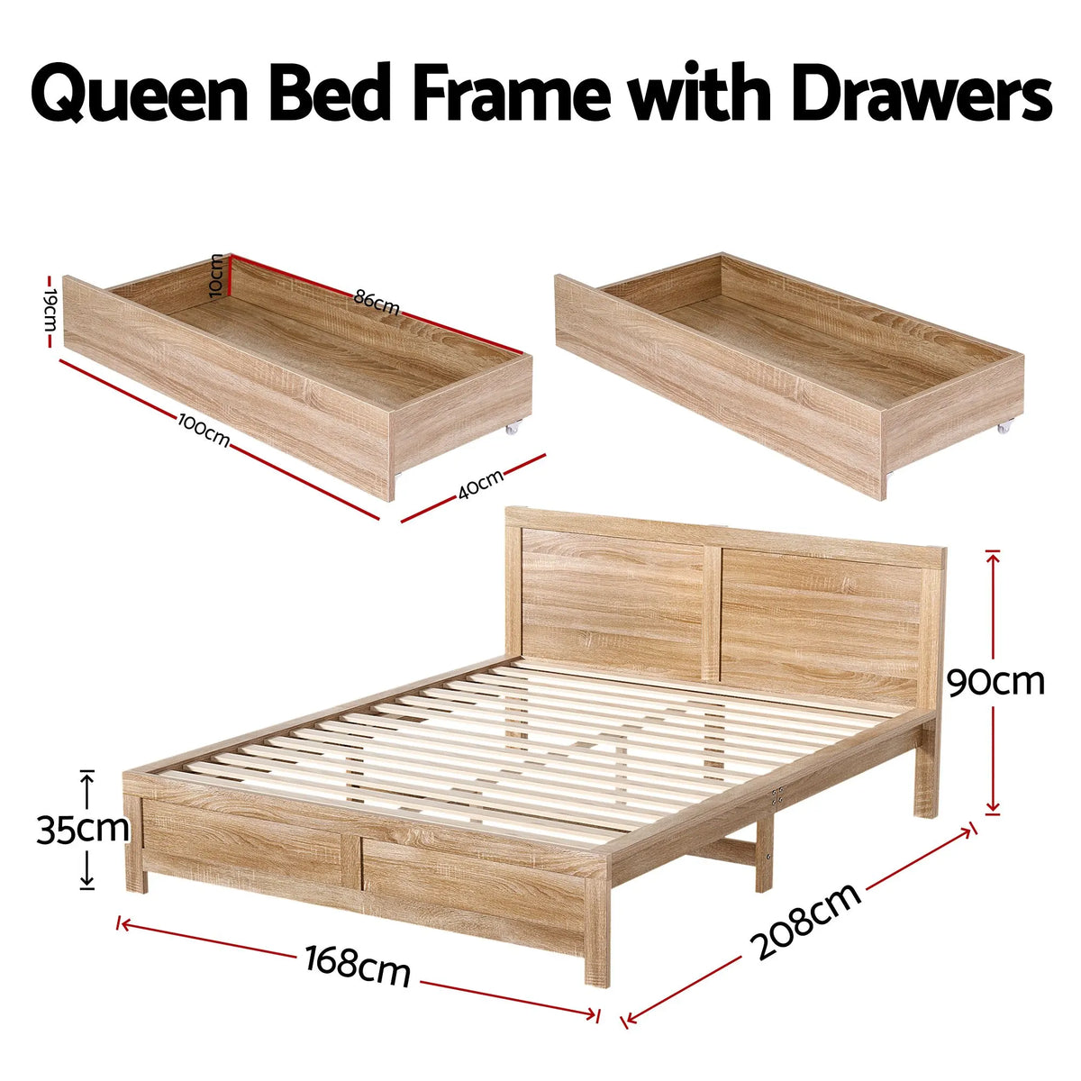 Artiss Queen Size Bed Frame with 2 Drawers Bedroom Furniture - Image 3