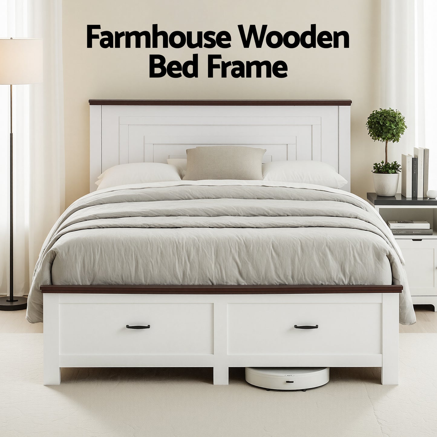 Artiss Double Wooden Bed Frame with 2 Drawer Platform Bed with 108cm Solid High Headboard White Bed Base for Bedroom Easy Assembly - Image 4
