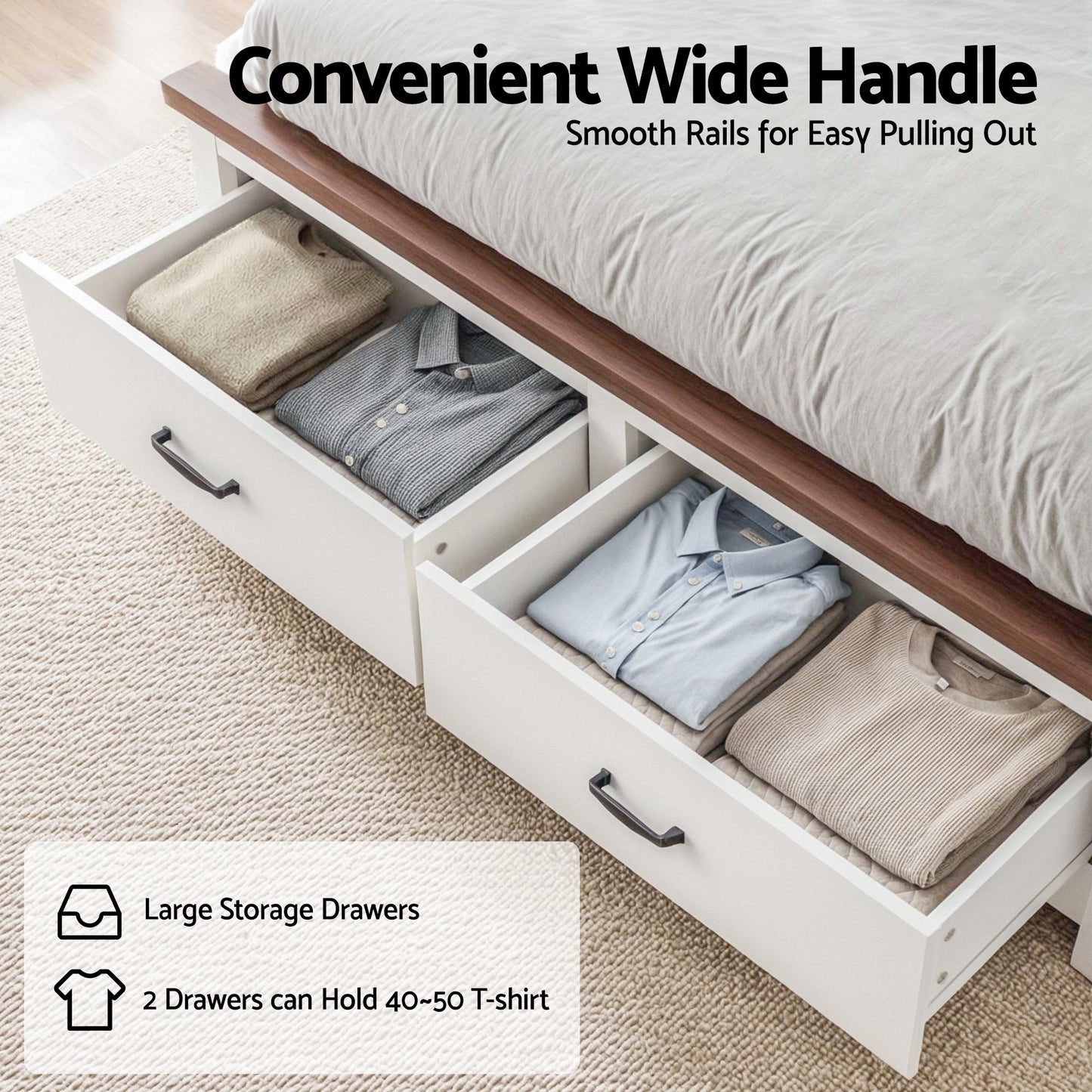 Artiss Double Wooden Bed Frame with 2 Drawer Platform Bed with 108cm Solid High Headboard White Bed Base for Bedroom Easy Assembly - Image 6