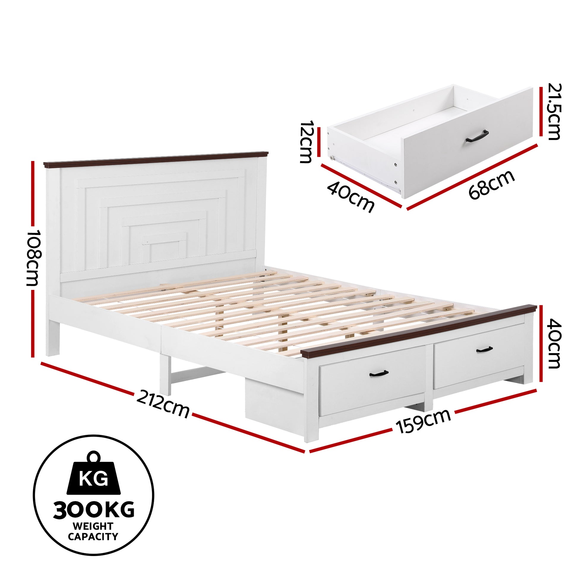 Artiss Queen Wooden Bed Frame with 2 Drawer Platform Bed with 108cm Solid High Headboard White Bed Base for Bedroom Easy Assembly - Image 2