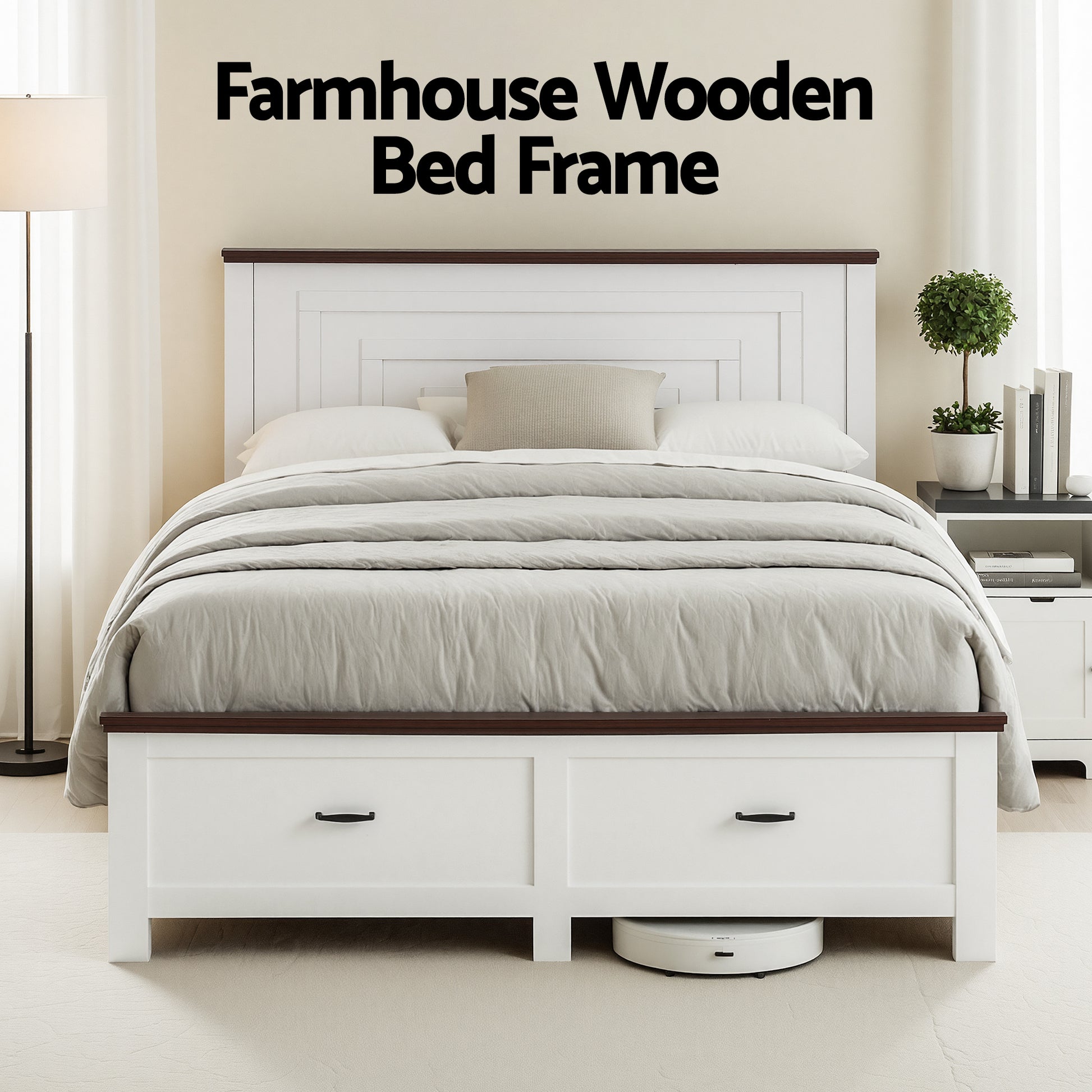 Artiss Queen Wooden Bed Frame with 2 Drawer Platform Bed with 108cm Solid High Headboard White Bed Base for Bedroom Easy Assembly - Image 4