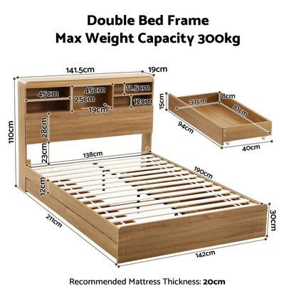 Artiss Double Bed Frame with Storage, 4 Drawers, USB and Night Light Natural - Image 3