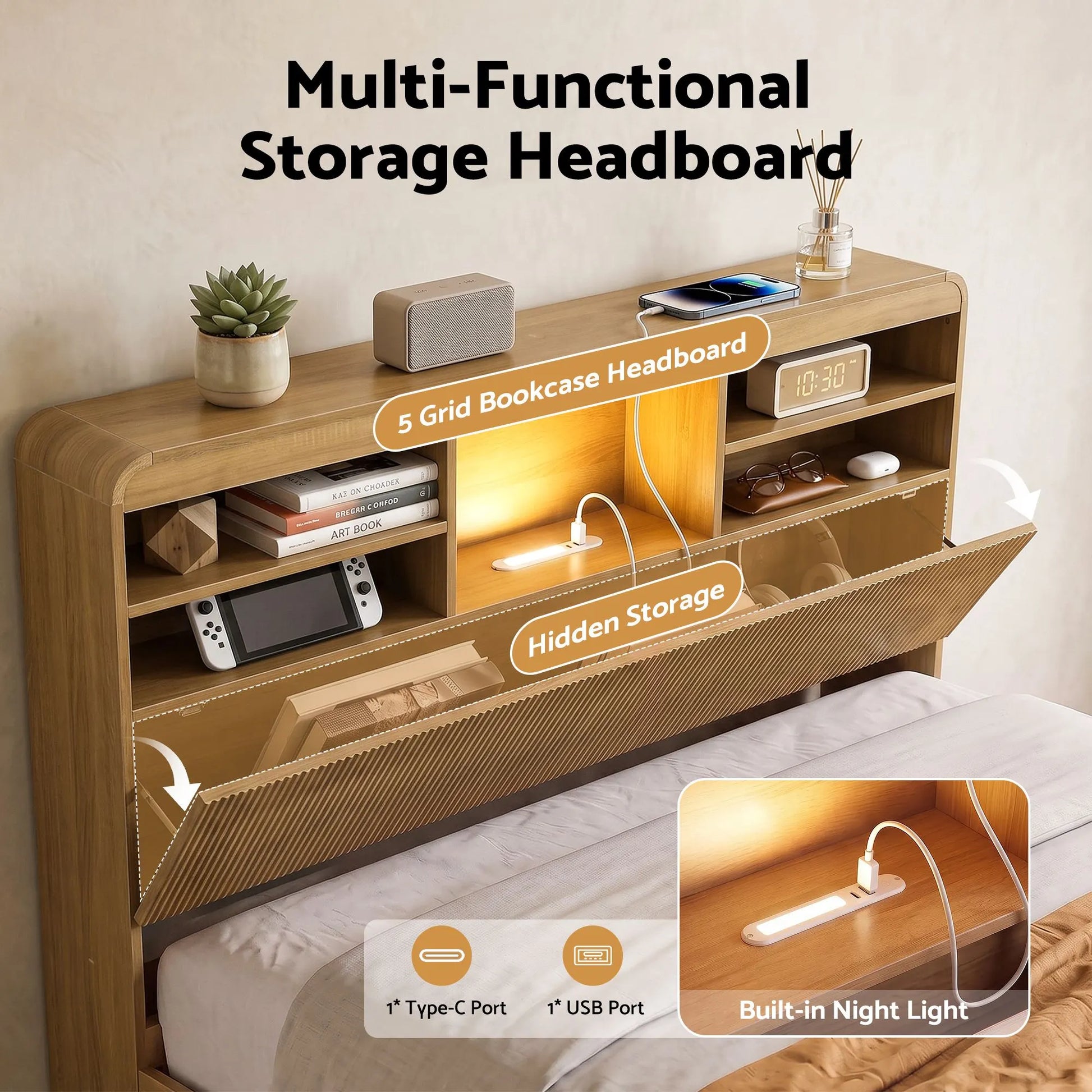 Artiss Double Bed Frame with Storage, 4 Drawers, USB and Night Light Natural - Image 5