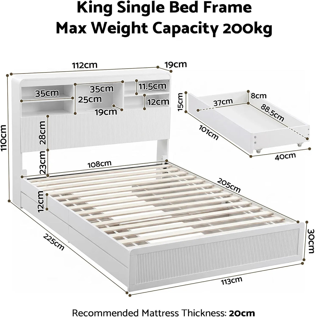 Artiss King Single Bed Frame and 2 Bedside Table Bedroom Furniture Set - Image 2