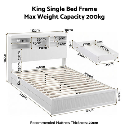 Artiss King Single Bed Frame with Storage, 4 Drawers, USB and Night Light White - Image 3