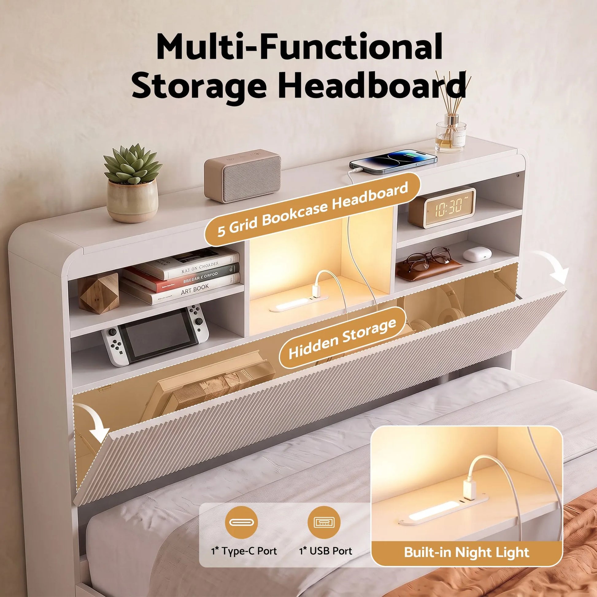 Artiss King Single Bed Frame with Storage, 4 Drawers, USB and Night Light White - Image 5