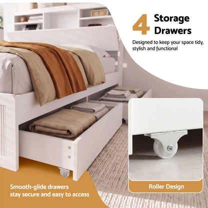 Artiss King Single Bed Frame with Storage, 4 Drawers, USB and Night Light White - Image 6