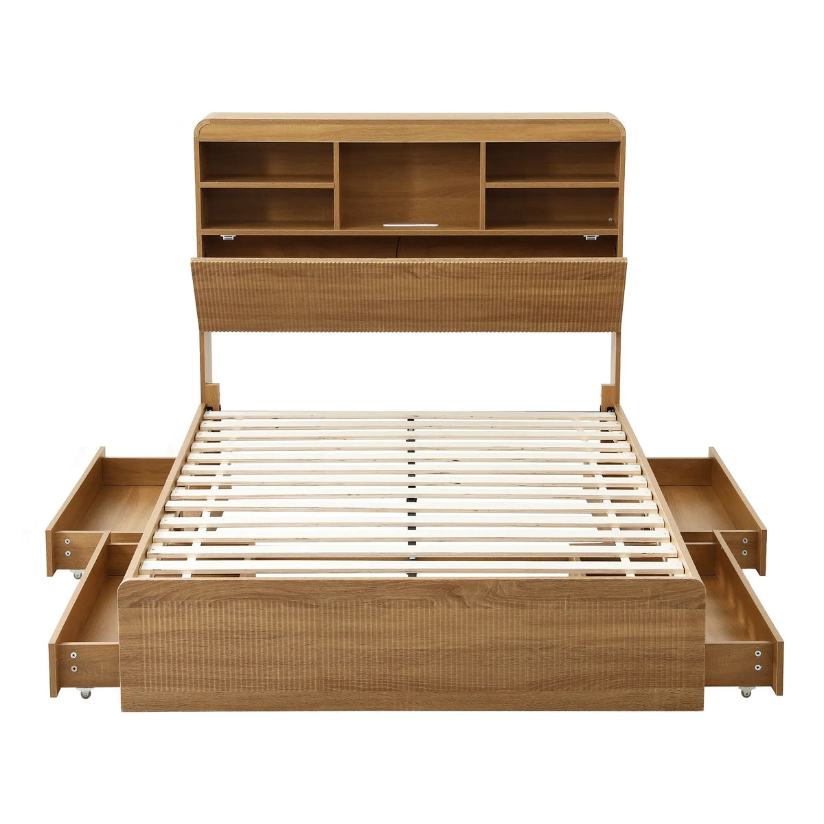 Artiss King Single Bed Frame with Storage, 4 Drawers, USB and Night Light Natural - Image 2