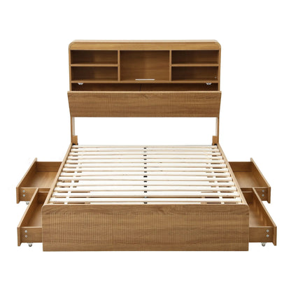 Artiss King Single Bed Frame with Storage, 4 Drawers, USB and Night Light Natural - Image 2