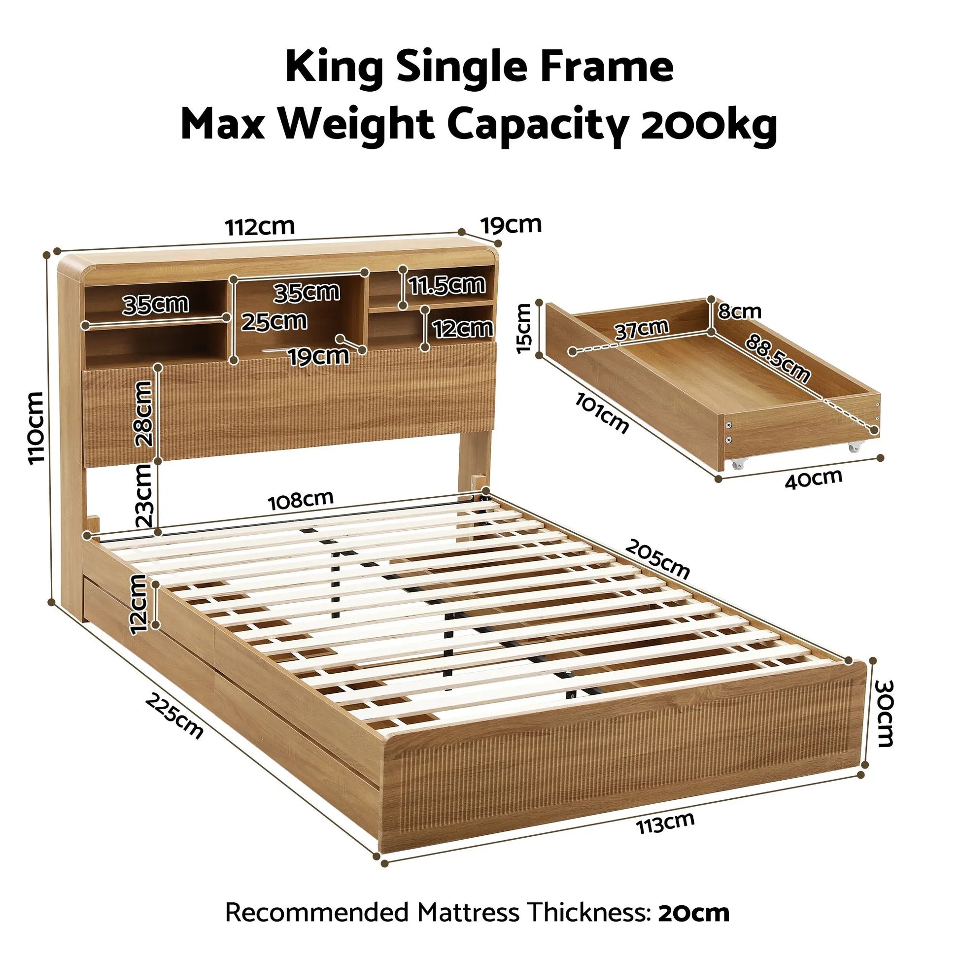 Artiss King Single Bed Frame with Storage, 4 Drawers, USB and Night Light Natural - Image 3