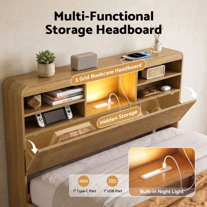 Artiss King Single Bed Frame with Storage, 4 Drawers, USB and Night Light Natural - Image 5