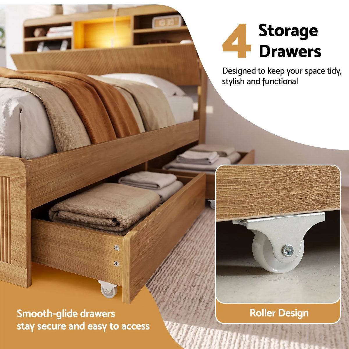 Artiss King Single Bed Frame with Storage, 4 Drawers, USB and Night Light Natural - Image 6