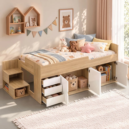 Artiss King Single Bed Frame with Storage, 3 Drawers and Two-Step Access, 2 Cabinets