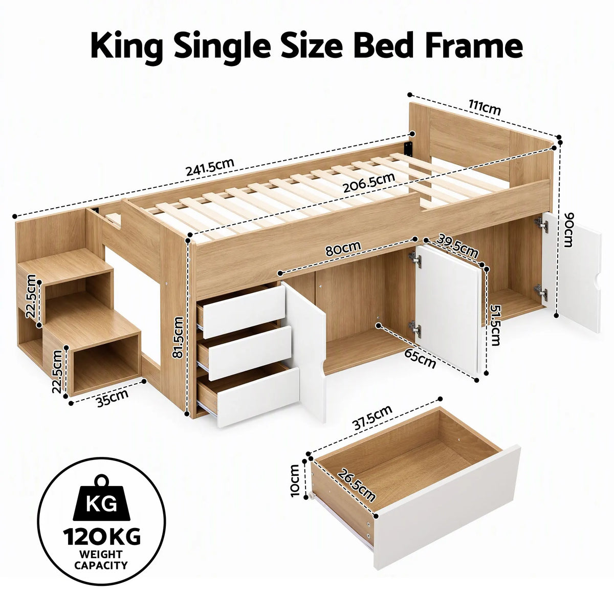 Artiss King Single Bed Frame with Storage, 3 Drawers and Two-Step Access, 2 Cabinets - Image 3