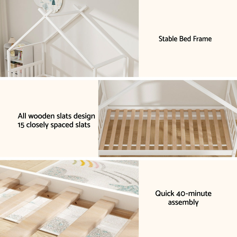 Artiss Bed Frame Wooden Base Kids Single Timber House Beds White - Image 7
