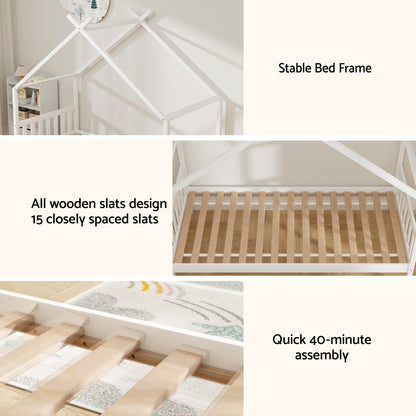 Artiss Bed Frame Wooden Base Kids Single Timber House Beds White - Image 7