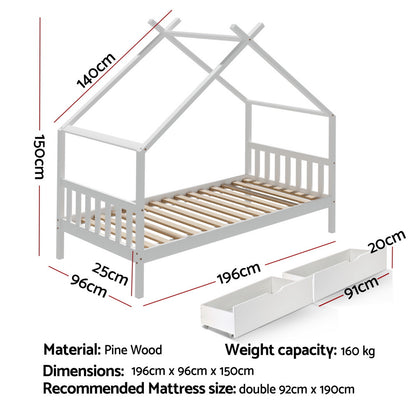 Artiss Bed Frame Wooden Base Kids Single Timber House  with 2 Storage Drawers Beds White - Image 2