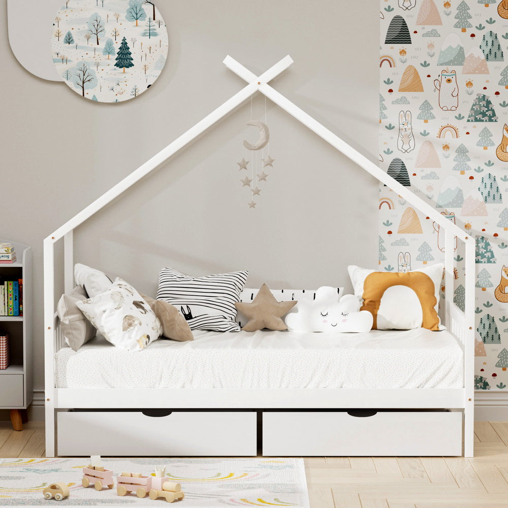 Artiss Bed Frame Wooden Base Kids Single Timber House  with 2 Storage Drawers Beds White - Image 6