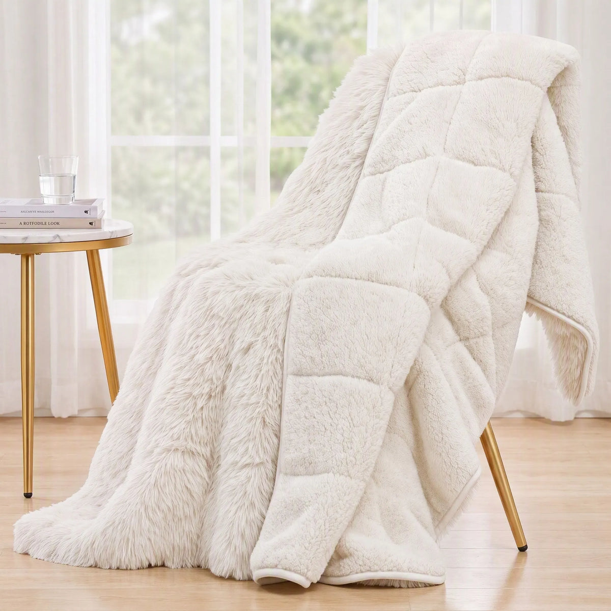 Giselle Faux Fur Weighted Blanket 2 Sided Long Pile Sherpa Reverse Cream 6.8KG 120 x 180cm