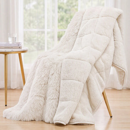 Giselle Faux Fur Weighted Blanket 2 Sided Long Pile Sherpa Reverse Cream 9KG 152 x 203cm