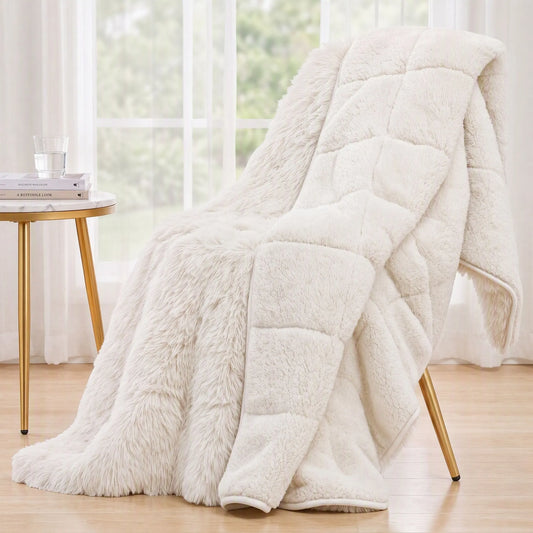 Giselle Faux Fur Weighted Blanket 2 Sided Long Pile Sherpa Reverse Cream 9KG 152 x 203cm