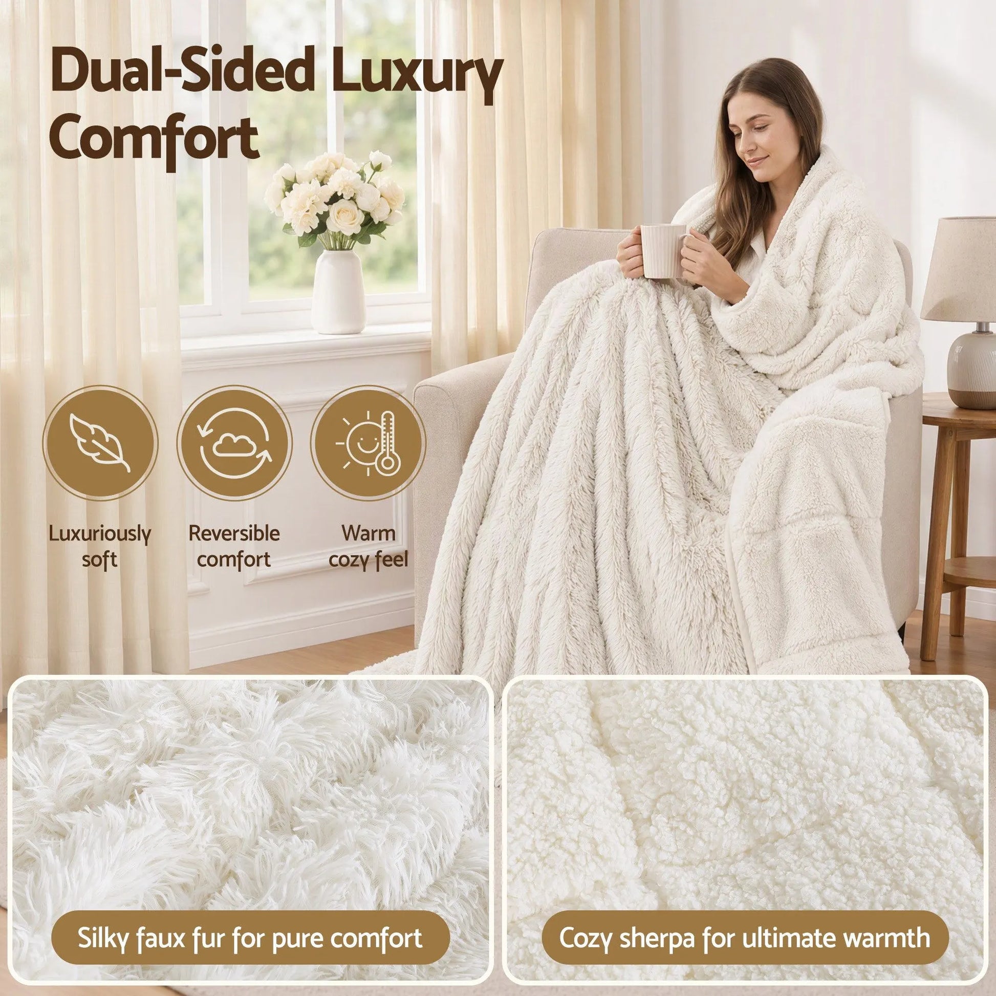 Giselle Faux Fur Weighted Blanket 2 Sided Long Pile Sherpa Reverse Cream 9KG 152 x 203cm  - Image 4