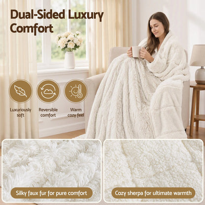 Giselle Faux Fur Weighted Blanket 2 Sided Long Pile Sherpa Reverse Cream 9KG 152 x 203cm  - Image 4