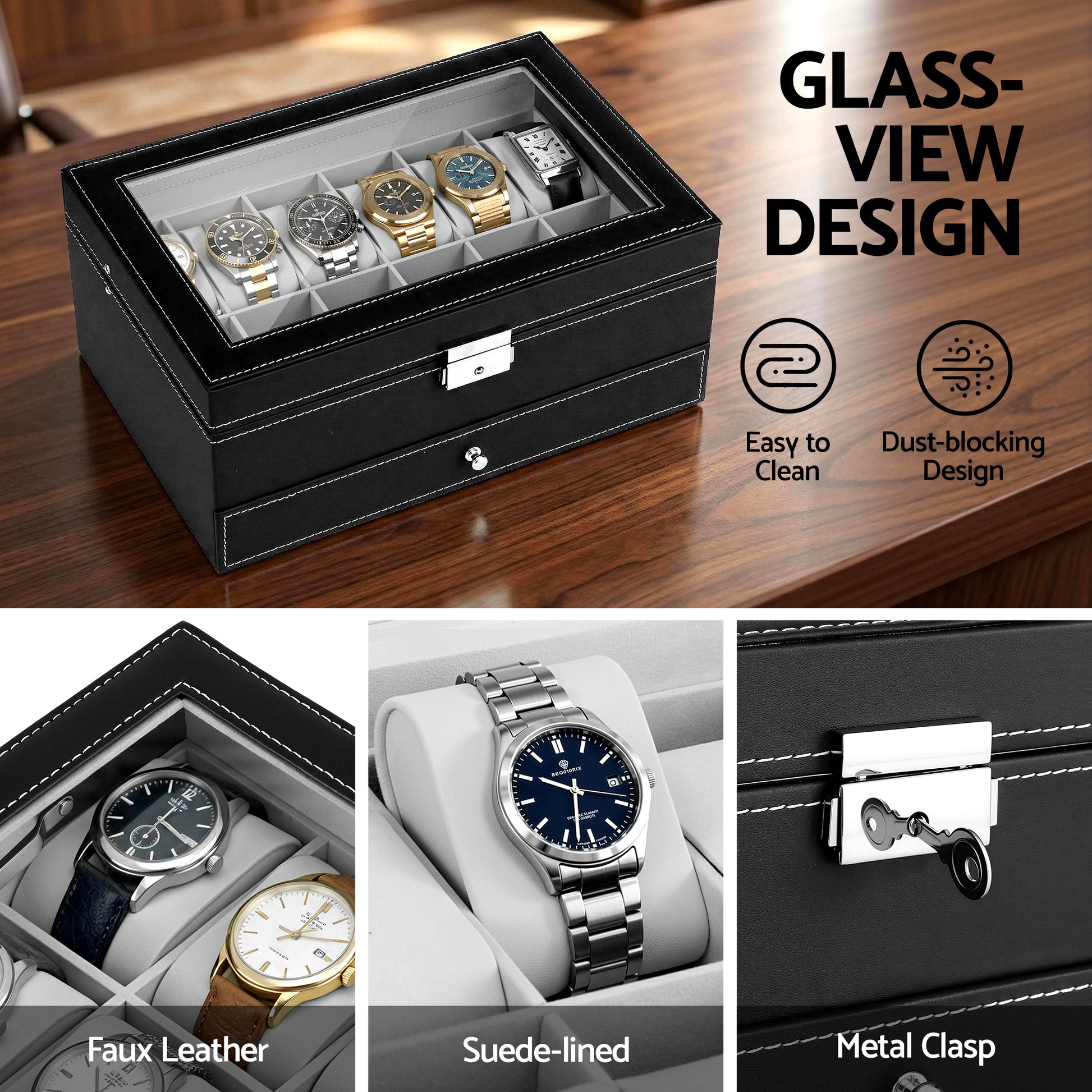 Embellir 12 Grids Watch Box Organizer Case Jewelry Display Storage Showcase - Image 7