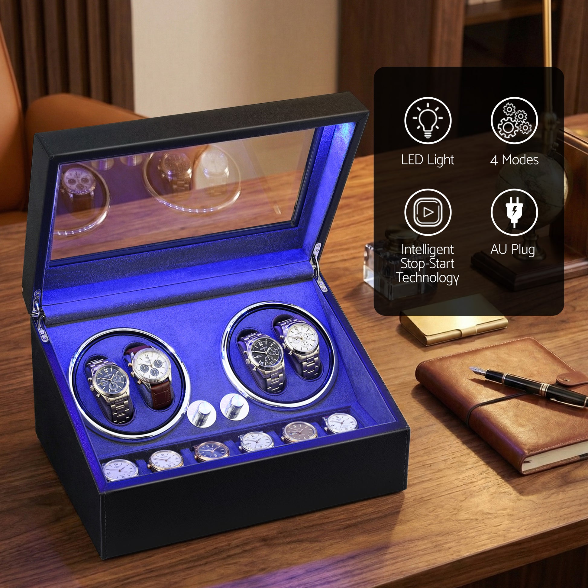 Embellir Watch Winder Automatic Double Watch Winder Box LED Black - Image 5