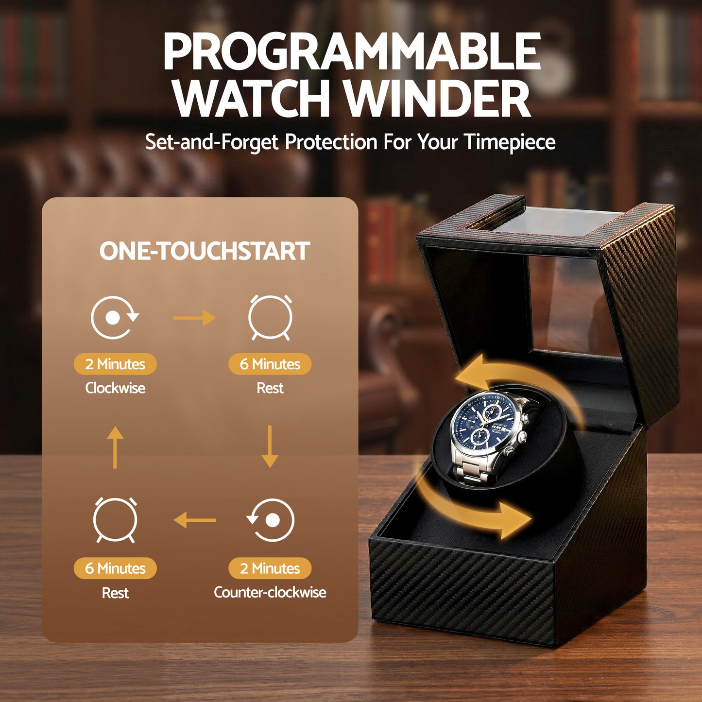 Embellir Watch Winder Box Automatic Single Quiet Carbon Fibre Black - Image 6