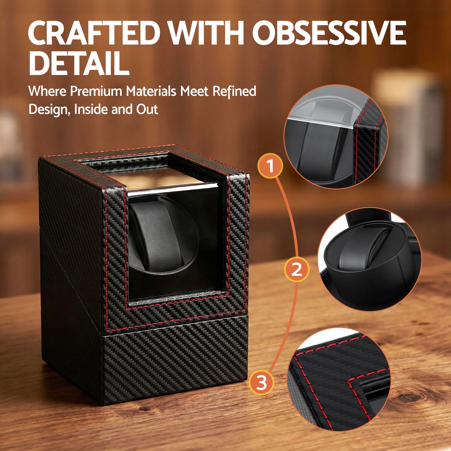 Embellir Watch Winder Box Automatic Single Quiet Carbon Fibre Black - Image 7