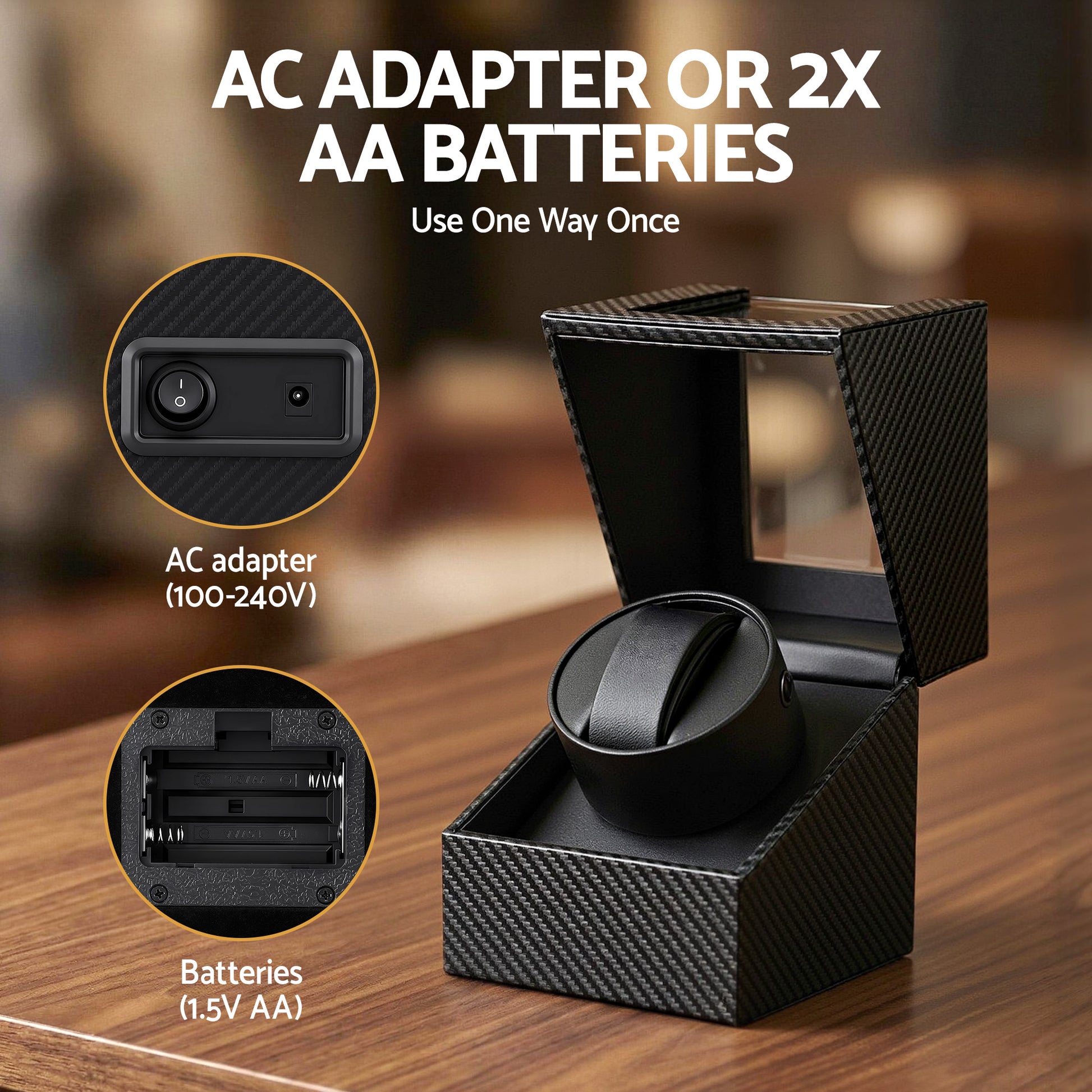 Embellir Watch Winder Box Automatic Single Quiet Carbon Fibre Black - Image 8
