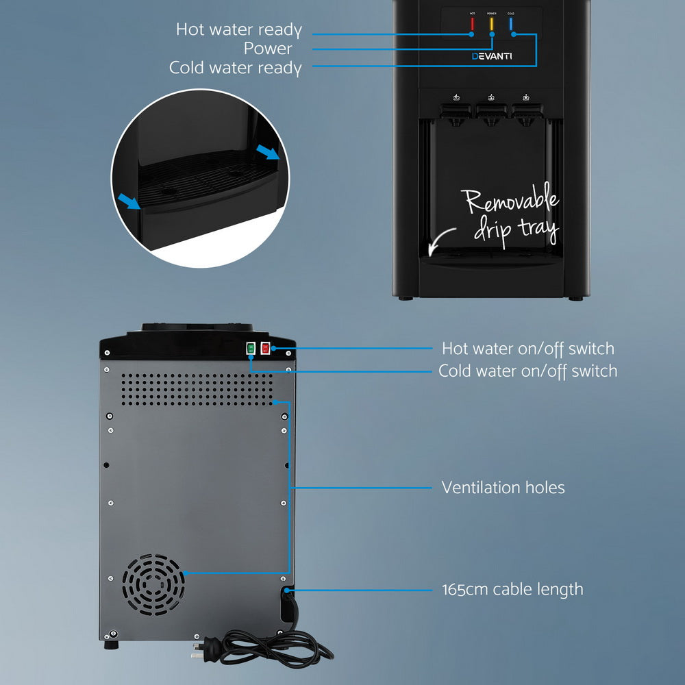 22L Devanti Water Cooler Dispenser Bench Top 3 Taps Chiller Filter Purifier Three Taps Balck - Image 5