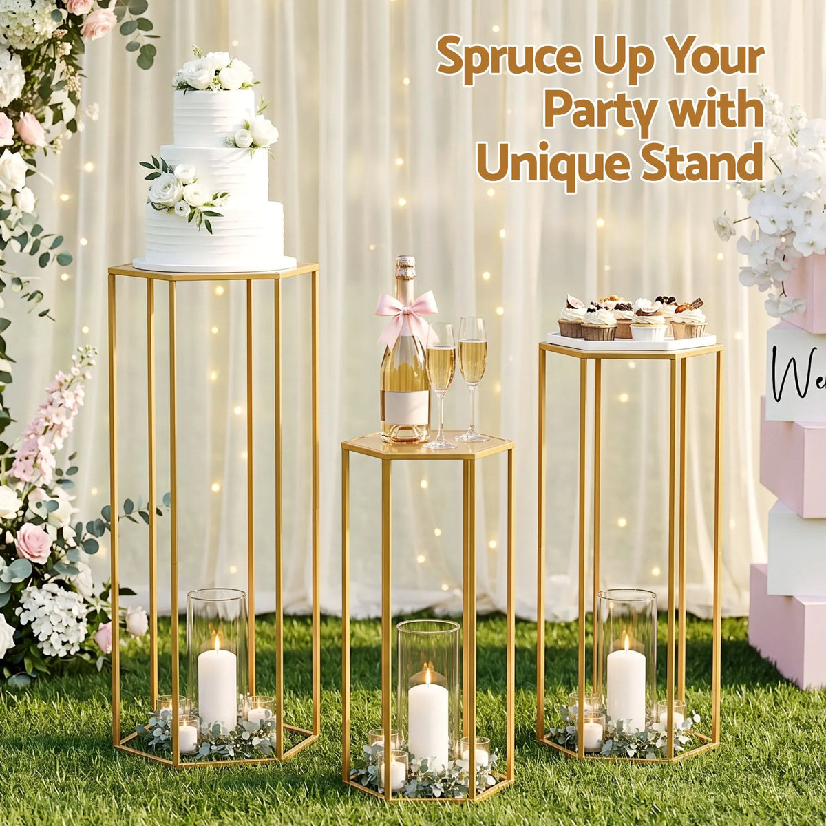 3Pcs Wedding Backdrop Pedestal Stand Gold Metal Hexagon Wedding Frame Plinth Pillars Table - Image 4