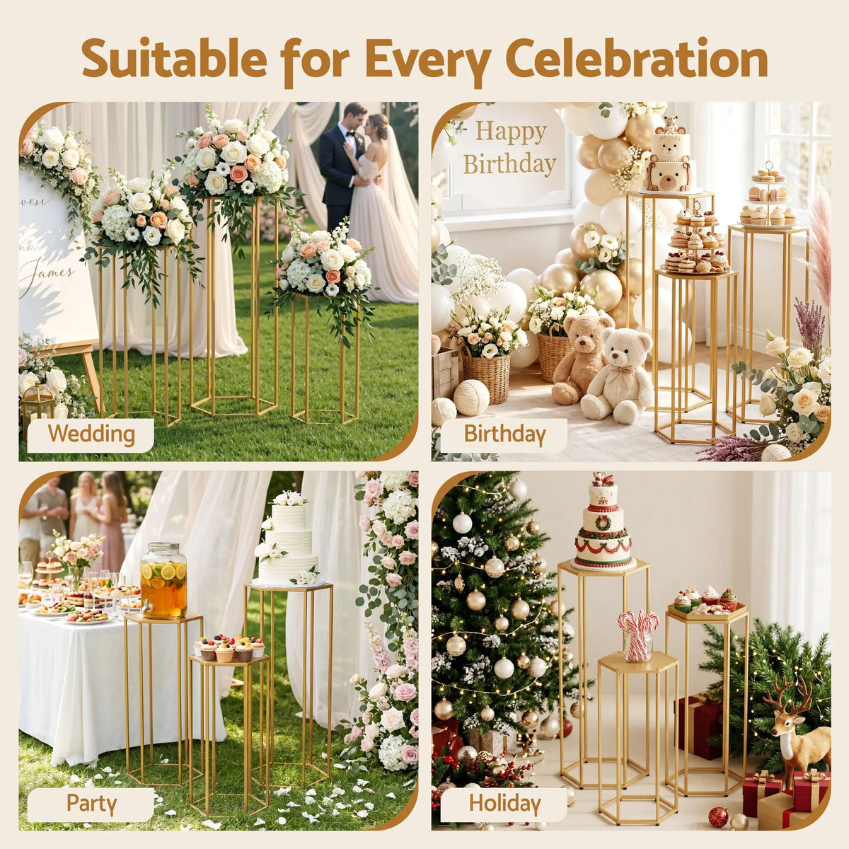 3Pcs Wedding Backdrop Pedestal Stand Gold Metal Hexagon Wedding Frame Plinth Pillars Table - Image 6