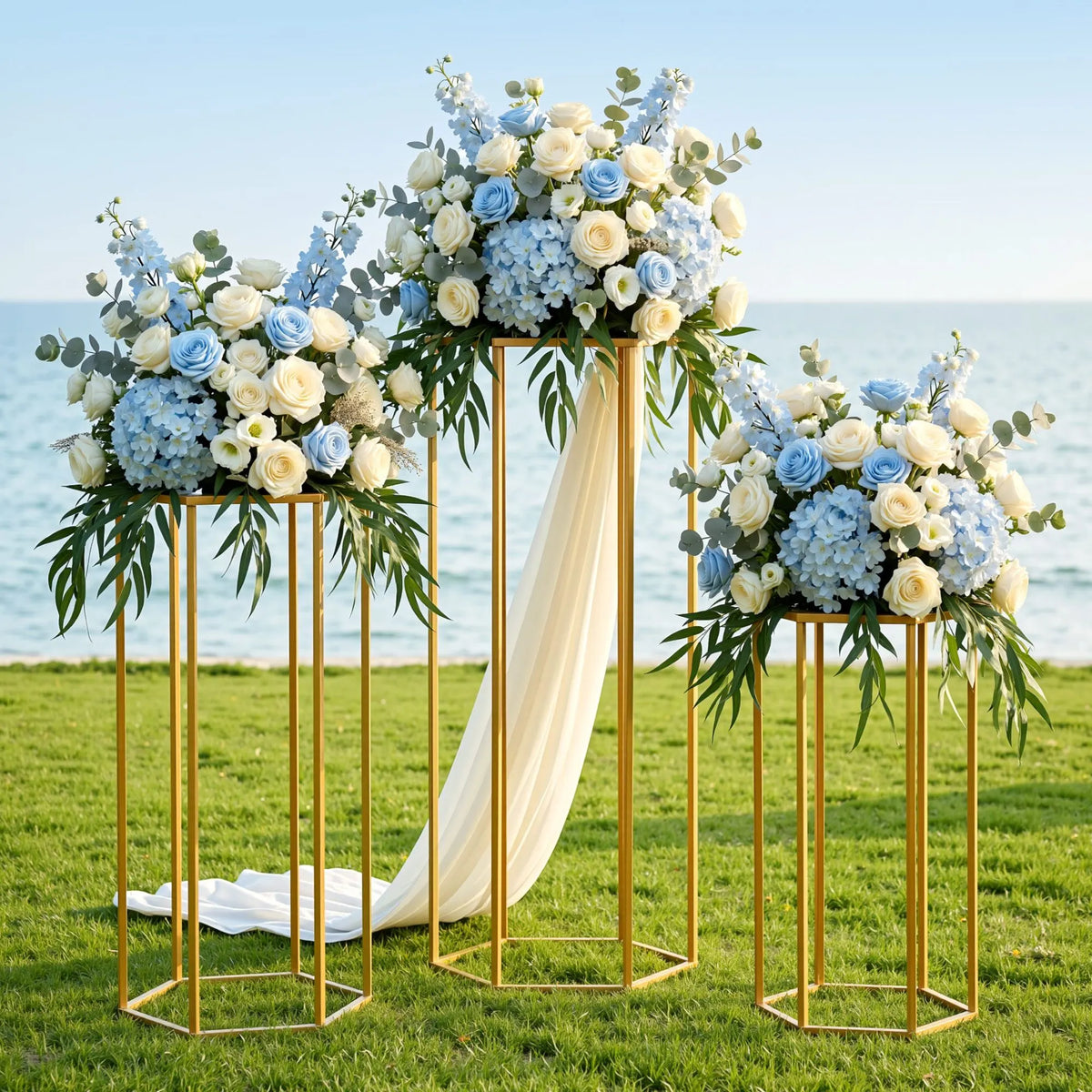 3Pcs Wedding Backdrop Pedestal Stand Gold Metal Hexagon Wedding Frame Plinth Pillars Table - Image 9